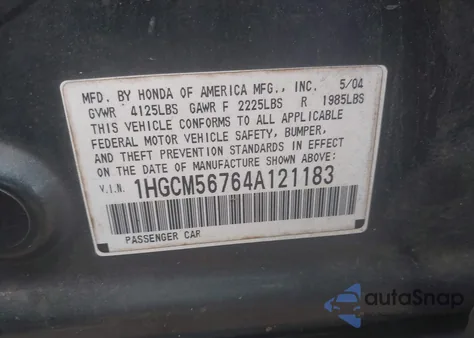 2004 Honda Accord 2.4 Ex из США, поврежденный, VIN 1HGCM56764A121183